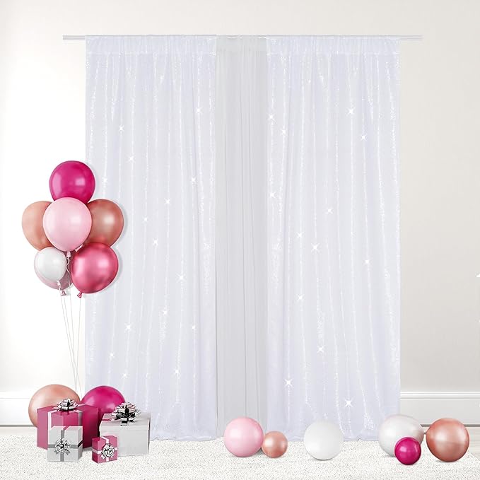 Eternal Beauty 2 PCS Sequin Backdrop Curtain, Sequin Wedding Backdrop for Christmas Party, Birthday (White 2FTx8FT)