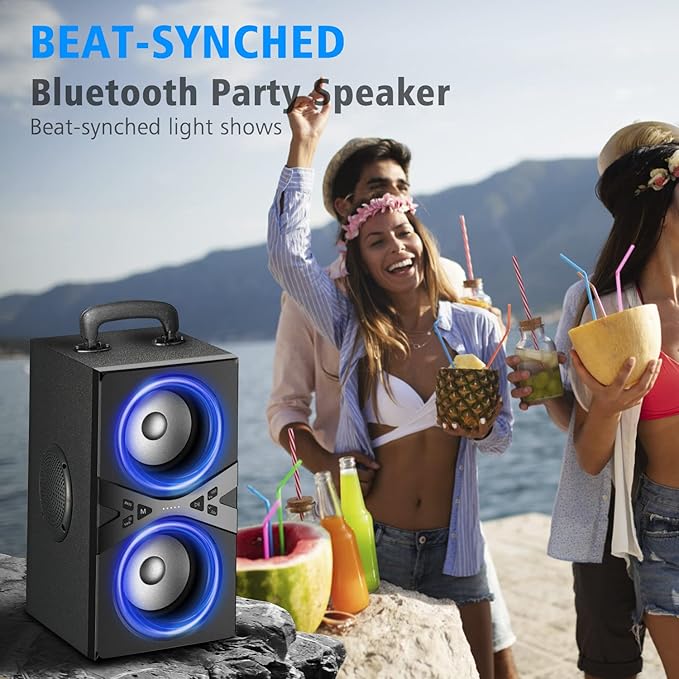 Bluetooth Speakers, Wireless TWS Portable Speaker with Lights,100dB Loud Subwoofer 80w(Peak) Stereo Sound, Bassup Technology, Long Playtime for Outdoor Party