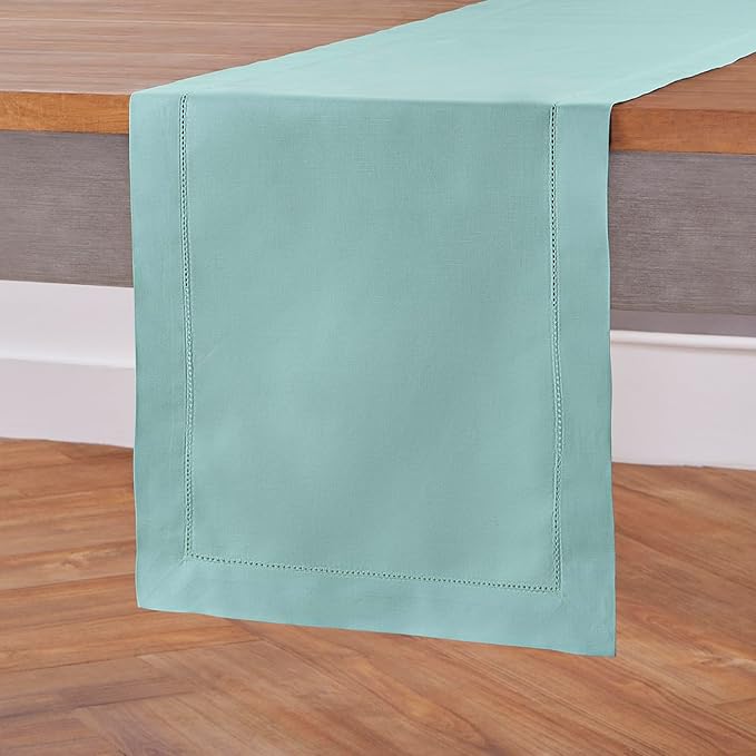 Solino Home Cotton Linen Table Runner 48 Inches - Pastel Turquoise Hemstitch Table Runner 14 x 48 Inch Ideal for Dresser and Coffee Tables