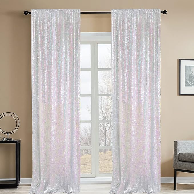 Iridescent Sequin Backdrop Curtains 2FTx8FT 2 Panels Sparkly Background Drapes for Party Wedding Birthday