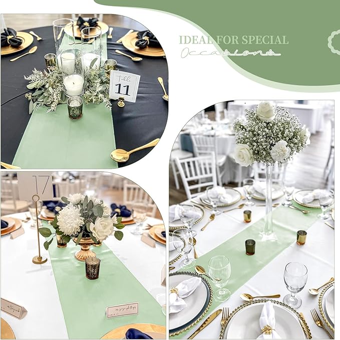 12 Pack Sage Green Satin Table Runner,12 x 108 inch Long Premium Smooth Table Runner for Wedding, Banquets, Birthday, Party, Graduation, Engagements, Table Runners fit Rectangle and Round Table