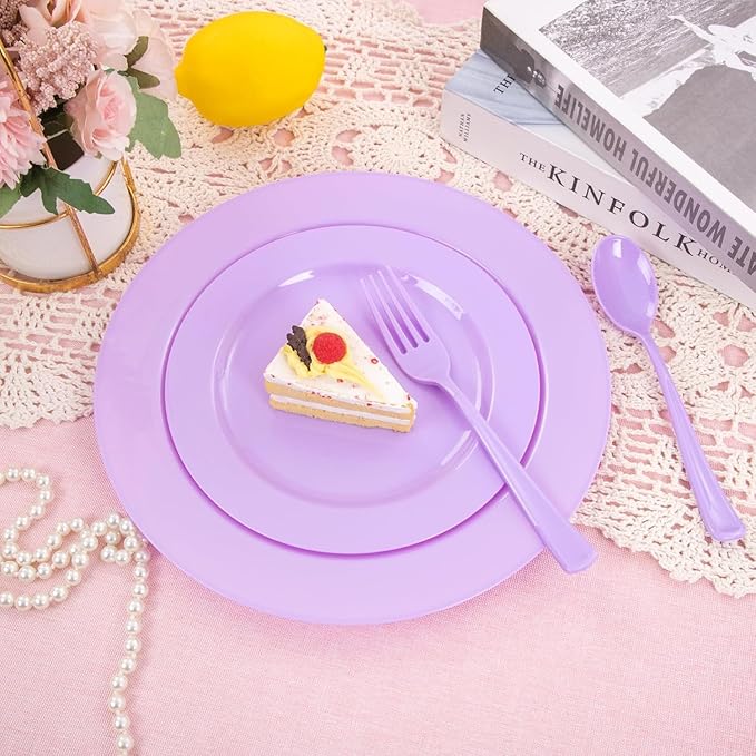 KIRE 150 PCS Purple Plastic Plates - Purple Dinnerware Set Disposable 25 Dinner & 25 Salad Plates 25Forks 25Knives 25Spoons 25Clear Cups for Birthday/Baby Shower