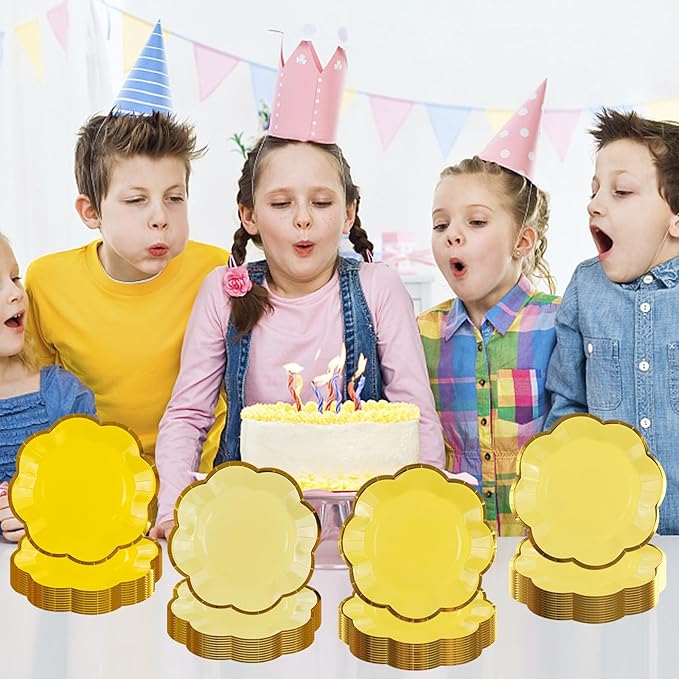 48Pcs Yellow Scalloped Party Plates - 7inch Gold Foil Gradient Yellow Dessert Paper Plate Disposable Cake Plates for Birthday Bridal Baby Shower Wedding Party Decorative Supplies