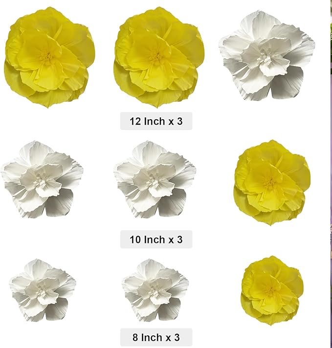 BRT Bearingshui Crepe Paper Flowers Decoration for Wall Total 9 Pcs, Artificial Flowers Backdrop for Wedding Decor Baby Bridal Shower Birthday Party, Yellow White 3D Wall Flowers Decor