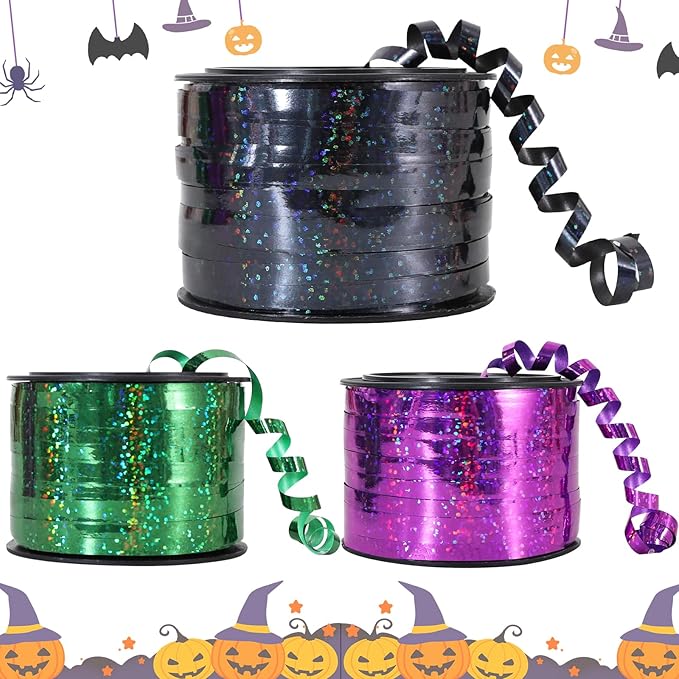 BEISHIDA 3 Pack 100 Yards Red Green Purple Halloween Curling Ribbon Balloon String Gift Wrapping Ribbon for Halloween & Birthday Parties, Holiday Decorations