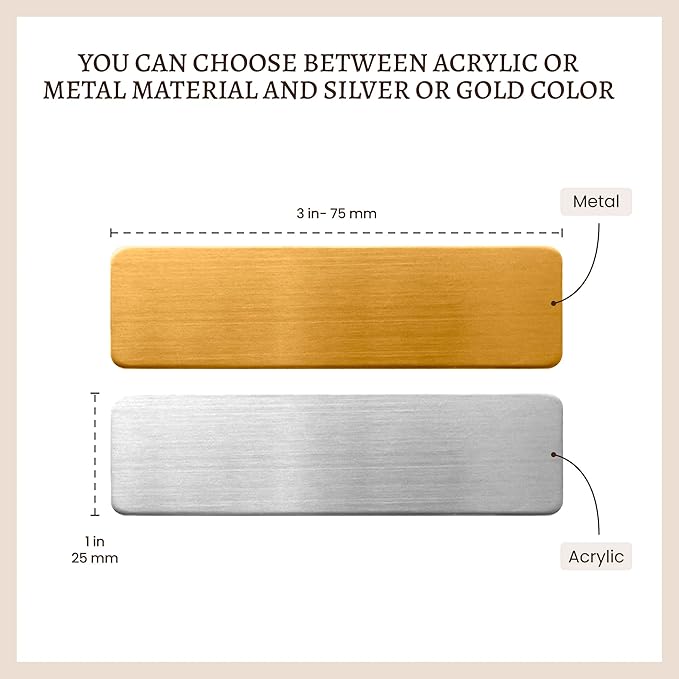 Personalized Name Tag Badges Identification Customized with Text & Logos, Acrylic Name ID for Clothing with Pin or Magnetic Backing, Gold & Silver Plates for Business or Employees