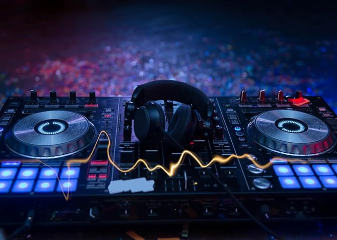 CORFOTO 12x8ft Fabric Dj Mixer with Headphones Backdrop Photography Dj Sound Equipment in Dark Background Musical Dance Disco Party Decorations Live Concert Stage Photoshoot Booth Studio Props
