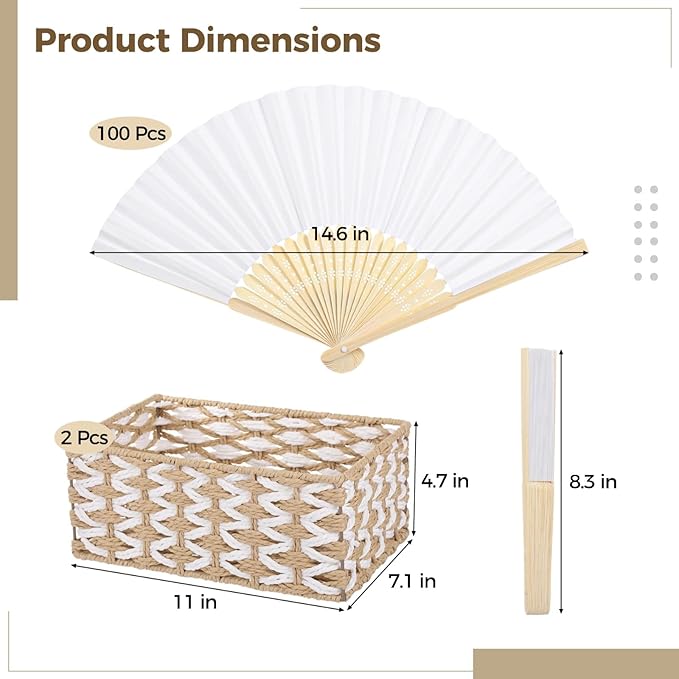 OMISTAR 100 Pcs White Paper Fans, Blank Folding Fan with 2 Storage Baskets, Customizable Wedding Fans, DIY Handheld Fan for Guests, Lightweight Craft Supplies for Party