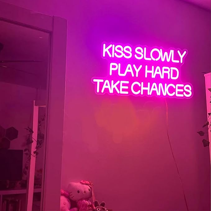 Kiss Slowly Play Hard Take Chances Neon Sign Pink LED Light Inspirational Wall Decor Motivational Gift for Bedroom Living Room Party Home