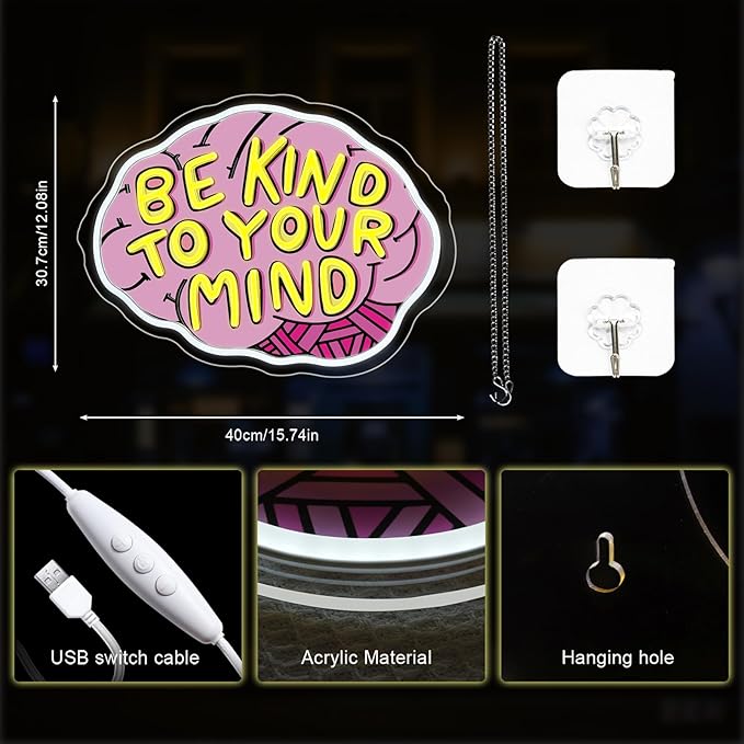 Lucunstar Be Kind To Your Mind Neon Sign Brain Neon Signs Dimmable Led For Wall Decor Be kind Lights For Classroom Home Bedroom Office USB Powered 16.06x12.09in