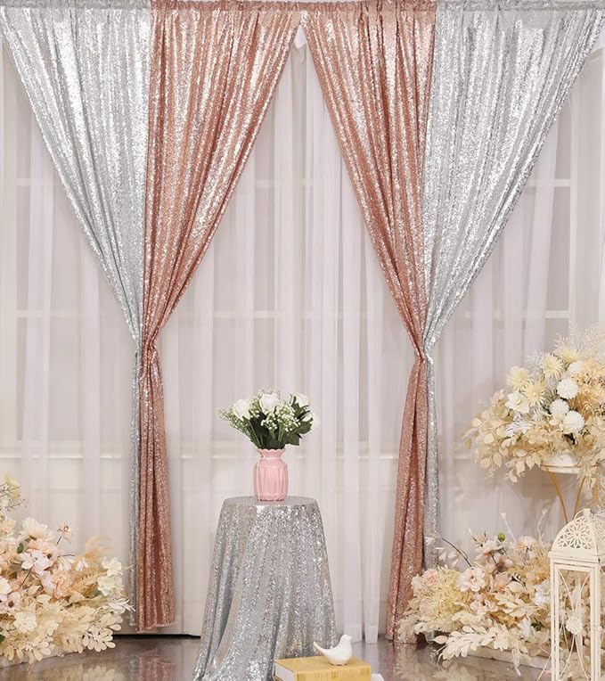 Poise3EHome Rose Gold Sequin Backdrop Curtain, 2 PCS 5FT x 10FT Sequin Backdrop Panels,Sequence Wedding Party Background Drapes