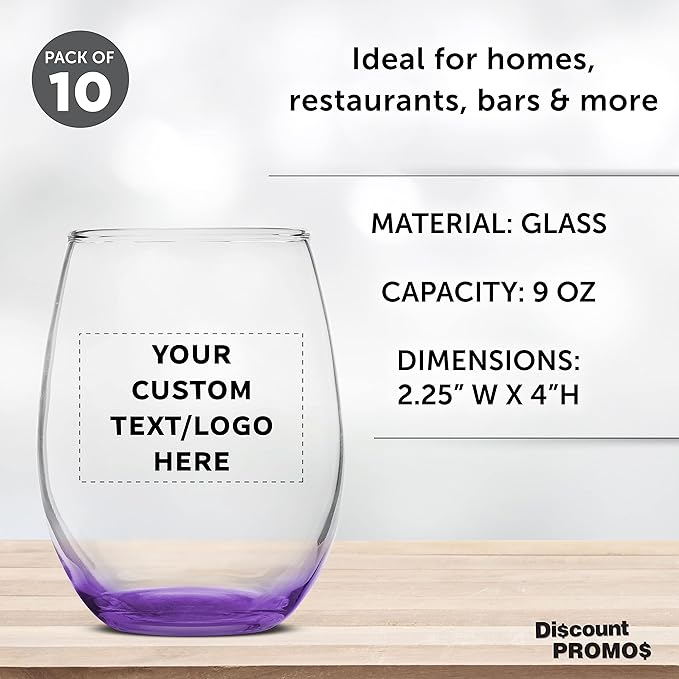 Custom Stemless Wine Glass 9 oz. Set of 10, Personalized Bulk Pack - Great for Wedding Favors, Bachelorette Party Decorations, Party Favors, Color Bottom - Purple
