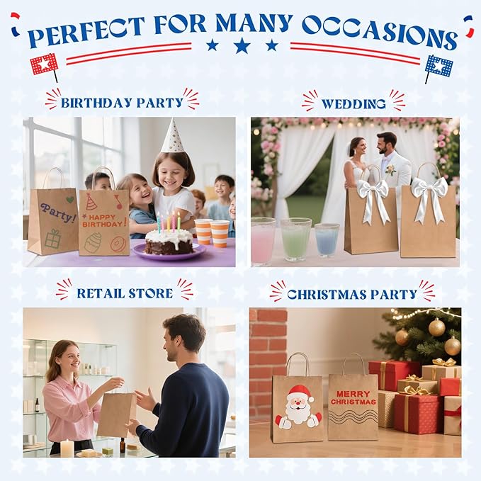 MESHA Gift Paper Bags 300 PACK 8x4.25x10.5'' Brown Medium Shopping Kraft Bags Bulk with Handles Reusable for Business,Grocery,Birthday,Wedding,Kids Party,Favors
