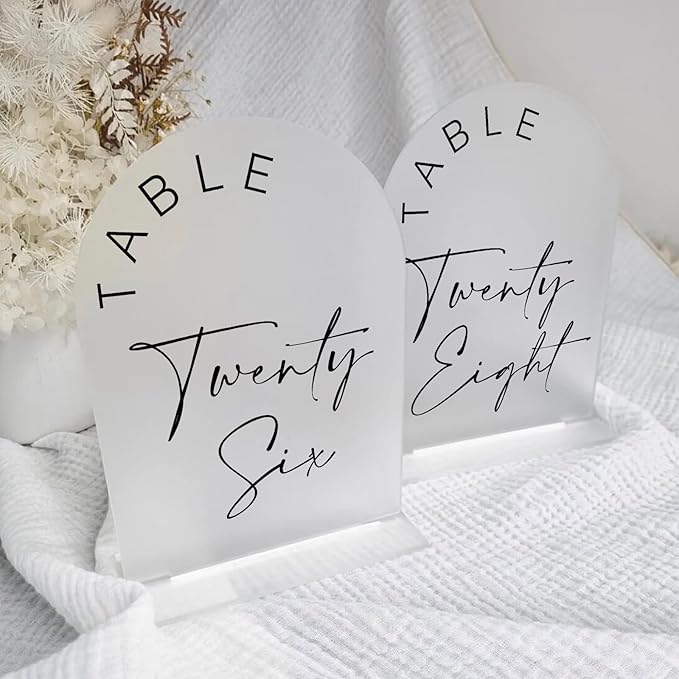 JINMURY Frosted Arch Wedding Table Numbers 1-30 with Stands, 5x7 Inch Frosted Arch Acrylic Sign with Black Letters, Arched Acrylic Table Numbers for Wedding Reception