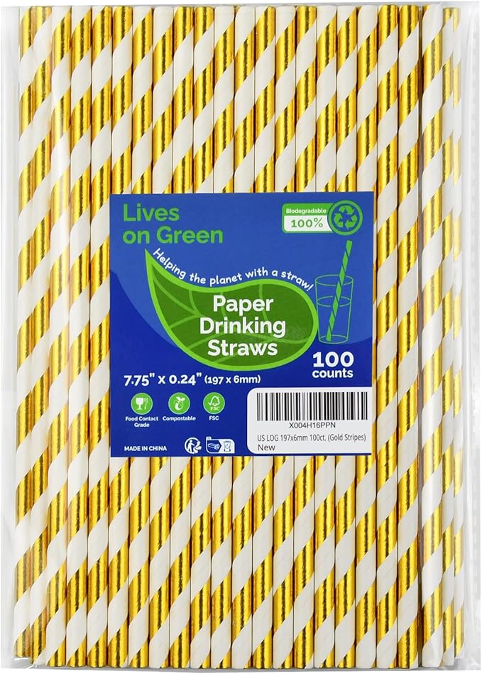 7.75 inch Gold/White Striped Paper Straws for Drinking 100 Counts for Bar, Restaurant, Wedding, Party - Unwrapped