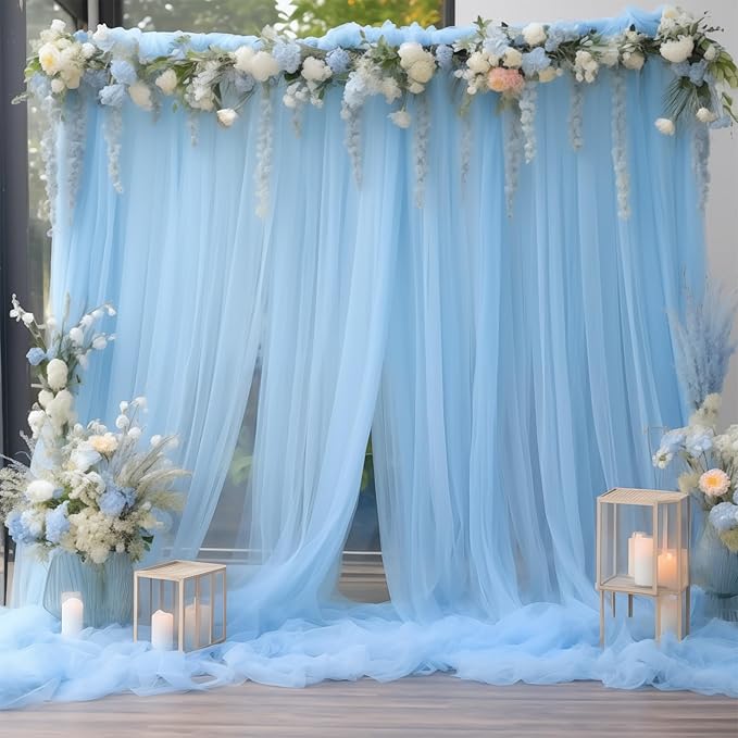 20x10 Blue Tulle Backdrop Curtains for Parties, Sheer Backdrop Curtain Wedding Photo Background Drapes for Baby Shower Photography Birthday Party