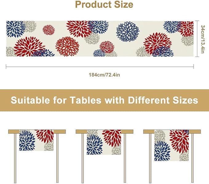 4th of July Table Runner, Blue Red Dahlia Flower American Patriotic Memorial Day Table Runner for Farmhouse Kitchen Dining Table Party Decor, 13x90inch