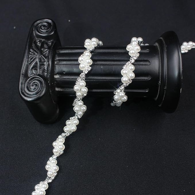 PEARLY JUN 1 Yard Pearl Rhinestone Trim Chain Silver Crystal Fringe Diamond Applique Ribbon String Tassel Strip for Sewing Wedding Dress Crafting Crafts Flower Embellishments
