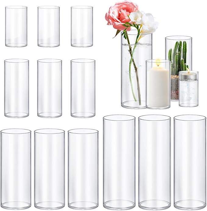 12 Pack Glass Cylinder Vases 4,6,8,10 Inch Tall Clear Flower Vase Hurricane Floating Candle Holder for Table Centerpiece Wedding Home Decor.