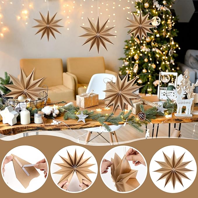 5 Pcs 12-Pointed Brown Paper Star Lanterns 12 Inch Hanging Lamp Rustic Paper Decorations Shade Scandi Home Party Decorations for Wedding Birthday Christmas