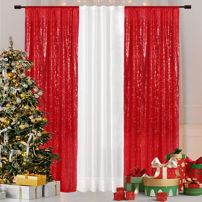 SquarePie Sequin Curtain Backdrop 2FT x 8FT Red 2pcs Background for Wedding Party Christmas