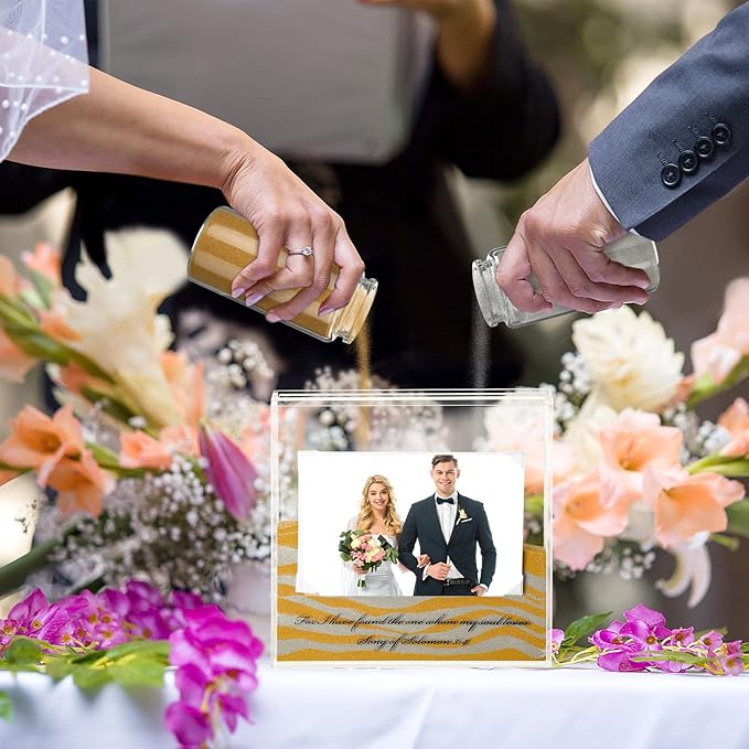 Roowest Sand Ceremony Kit for Wedding Includes Clear Acrylic Unity Sand Ceremony Photo Frame 2 Pack Photo Fixing Corner Stickers and 2 Glass Unity Holder for Wedding Home Decor(Yellow, Gray)