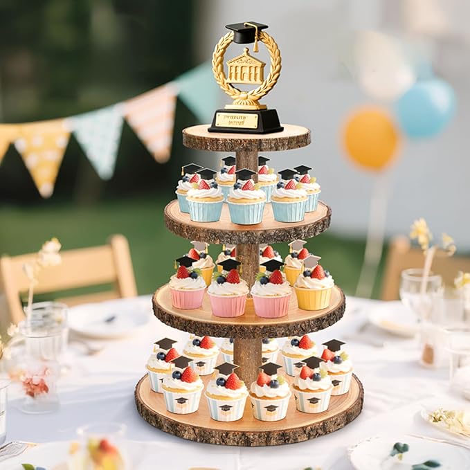 Wooden Cupcake Stand for 50 Cupcakes 4-Tier Dessert Tower Rustic Tiered Display Stand for Woodland Baby Shower Decorations, Farmers Market Decor, Wedding, Birthday, Graduation, Tea Party