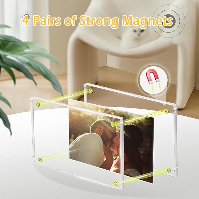 3 Pack 4x6 Magnetic Acrylic Picture Frame with Base, Both Horizontal Vertical or Slant Back Display, Double Sided Clear Photo Frame, Frameless Lucite Frames