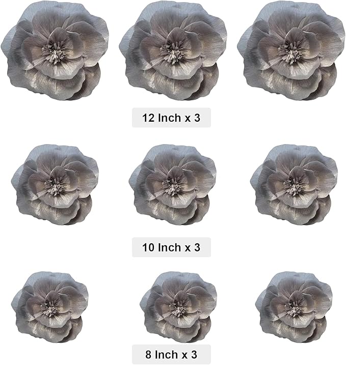 BRT Bearingshui Crepe Paper Flowers Decoration for Wall Total 9 Pcs, Artificial Flowers Backdrop for Wedding Decor Baby Bridal Shower Birthday Party, Silver 3D Wall Flowers Decor