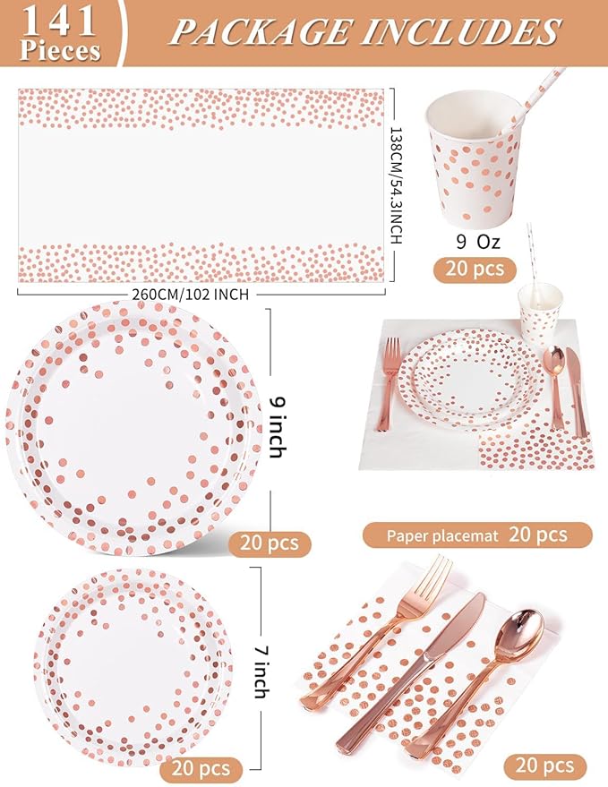 141 Pieces Rose Gold Party Supplies, Party Dinnerware Sets Include Paper Plates Napkins Cups Silverware, for Wedding Bridal Shower Engagement Birthday Parties Decoration -20 Serves