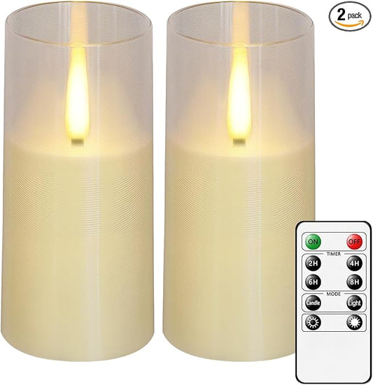 Flameless LED Candles, Upgraded Realistic Flickering Pillar Battery Operated Candles with Remote Timer, Acrylic Electric Set of 2 for Romantic Ambiance and Home Decoration（Ivory）