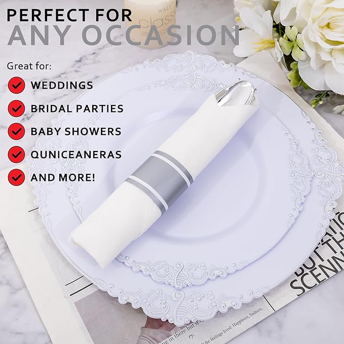 400PCS Pre Rolled Silver Plastic Silverware Sets - Heavy Duty Fancy Silver Cutlery - Include 100 Pack Wrapped Disposable Utensils with Napkins for Parties, Dinners & Weddings