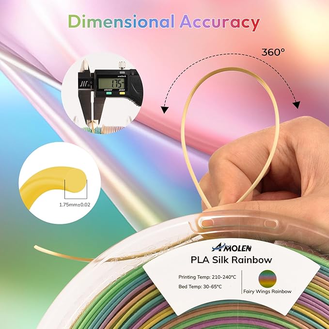 AMOLEN Silk PLA 3D Printer Filament, Shiny Multicolor Rainbow PLA Filament 1.75mm, Gradient Color Change PLA 3D Printing Filament for Most FDM 3D Printer, Yellow Green Blue Pink, 1kg (2.2lbs)