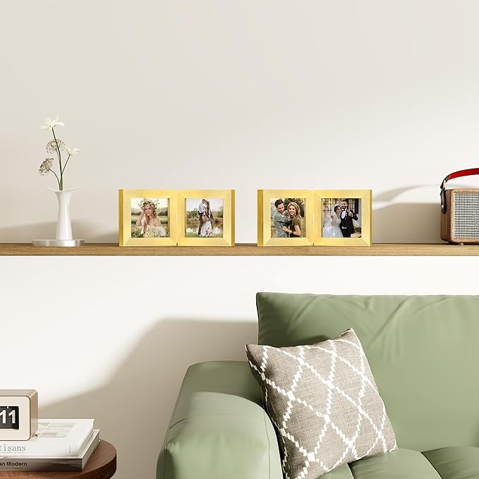 decorUhome Double 4x4 Picture Frame Vertical, Engineered Wood Bifold Photo Frame with Plexiglass for Tabletop Display, 4x4, Gold