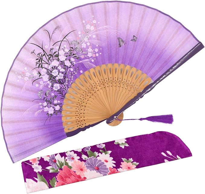 Amajiji Small Folding Hand Fan for Women, Chinese Japanese Vintage Style Bamboo Silk Fans for Party Wedding Dancing Decoration Gift Performance (AM-33)