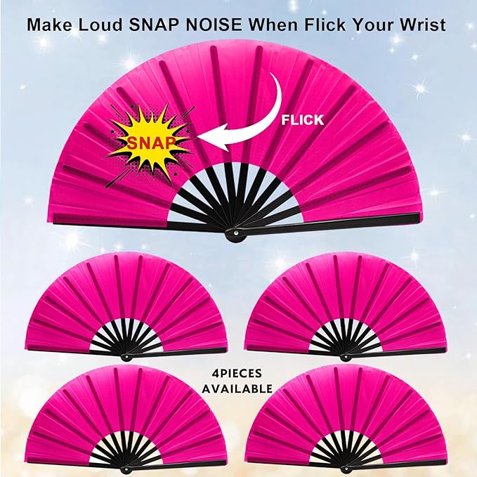 13inch Large Rave Fan Popping Clacking Fans for Line Dancing,Hand Fans for Women Foldable,Boots on The Ground Fan,Portable for Outdoor,Wedding,Party,Decoration (4pcs Pink)