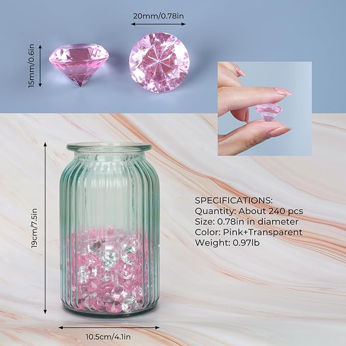Acrylic Diamond Fake Gems Vase Filler, Babenest 240pcs 3/4 Inch Faux Diamonds Crystals Jewels for Table Scatters Wedding Party Event Arts & Crafts Birthday Decoration (240, Pink/Clear)