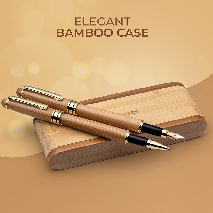 ZenZoi Wood Pen Set - Bamboo Fountain Pen w/Fine Nib & Rollerball Pen. Smooth Writing, Refillable, Vintage, Crafted, Journaling Pen. Luxury Pen Gift Set for Men, Women, Ink Converter.