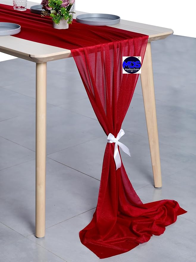 MDS 25 Pack 10ft Chiffon Table Runner 29 x 120 Inches Sheer Wedding Runner Romantic Rustic Table Runner for Wedding Decorations, Birthday Parties, Bridal Shower Party Arch Decor - Apple red