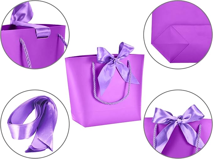 HUAPRINT Gift Bags with Handles,7.48×3.54×7.9 inches,Party Favor Bags with Bow Ribbon,12Pcs Purple Paper Bags for Birthday Wedding Bridesmaid Present Celebration Holiday