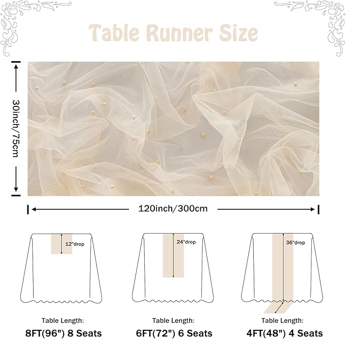 Fanami 1 Pack Pearl Table Runner -10FT Champagne Gold Boho Tulle Table Runners 120 Inches Long Rustic Sheer Lace Fabric Centerpieces for Wedding Arch Birthday Party Bridal Veil Baby Shower Decorations