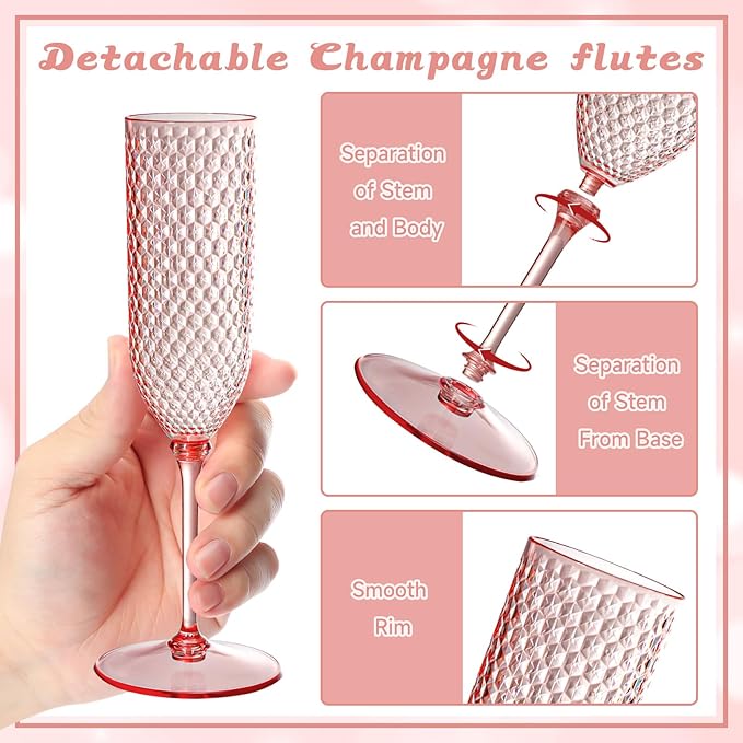 XUWAIDSGN 48 Pack Pink Detachable 2 piece Champagne Flutes 5.5 Oz Unbreakable Plastic Mimosa Disposable Champagne Glasses Drinking Cups Stemmed Reusable Wine Toasting Glasses for Wedding