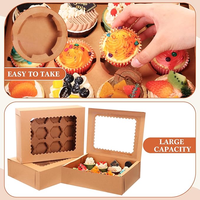 36 Pack Cupcake Boxes Hold 12 Standard Disposable Cupcake Containers with Window and Insert Cupcake Carrier with Thanks Card and Jute Rope to Muffins Cupcakes Cookies Gift Wrapping (Nature)
