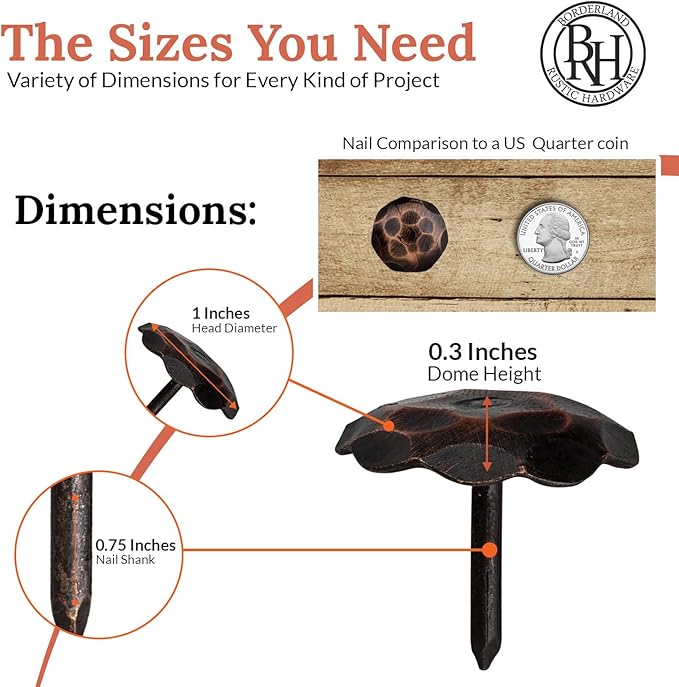 50 Pack 1" Small Round Head Iron Clavos Decorative Nails – Oil Rubbed Bronze – Handmade Rustic Round Fasteners for Farmhouse Shutter, Faux Wood, Barn Door, Shutters, and Gates – Ornamental Wood Accent
