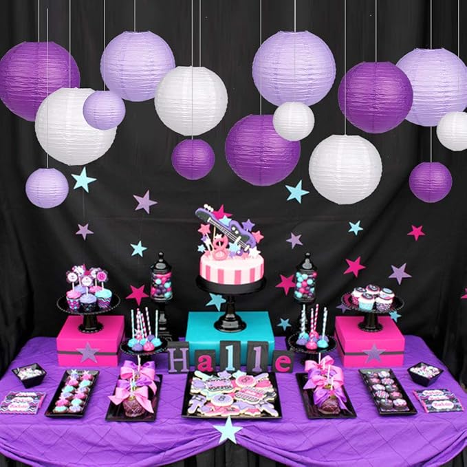 Paper Lanterns Decorative, Round Hanging Paper Lanterns Decorations for Bachelorette Engagement Birthday Party Decorations Purple/Lavender/White 15pcs