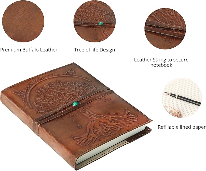 Leather Journal in Brown 7x5 Refillable Lined Paper Tree of Life Handmade writing Notebook Diary Leather Bound Daily Notepad for women and men Writing pad for Artist Sketch