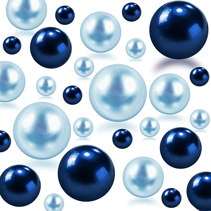 300Pcs Navy & Light Blue Polished No Hole Faux Pearl Beads for Vase Filling Decorations, Plastic Pearls Vase Fillers, Table Scatters, Wedding Centerpiece, Home Decor, 8/14/20 mm