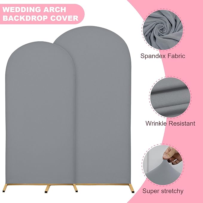 Wedding Arch Covers Arch Backdrop Cover Arch Stand Covers 7.2FT 6.6FT 6FT Set of 3 Arch Cover Spandex Fabric Stretchy Backdrop for Wedding Birthday Party Decoration Baby Shower (Smoky Grey)