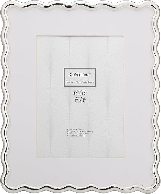 Silver 8x10'' Wave Design Photo Frame with Acid Free Mat for 5x7'',High-End Zinc Alloy Picture Frames with Velvet Back,Fashionable Style Silver frames 7x5''