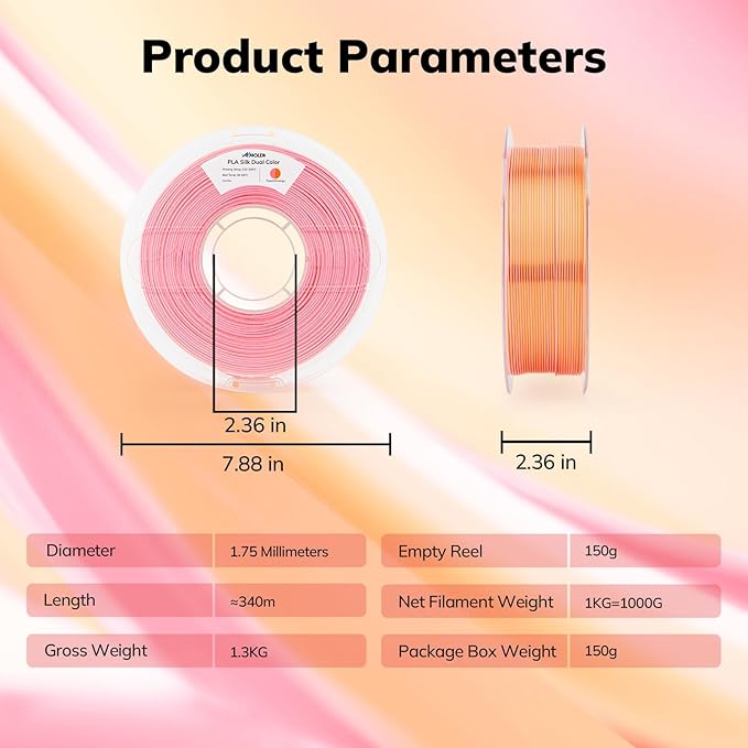 AMOLEN Silk PLA 3D Printer Filament, Dual Color Pink Orange PLA 1.75mm, Shiny Color Change Filament 3D Printing PLA Filament for Most FDM 3D Printer, 1kg Spool(2.2lbs), Peach Orange